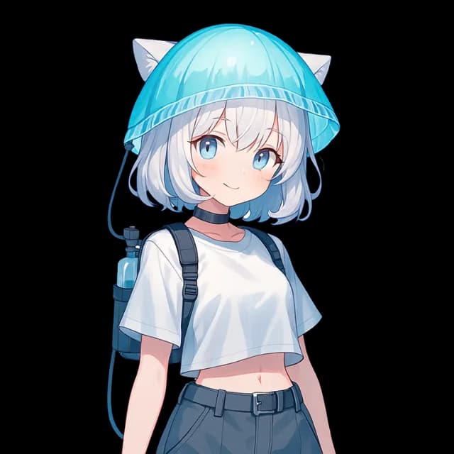 TJのアバター。クラゲの帽子をかぶった、白い髪のキャラクター